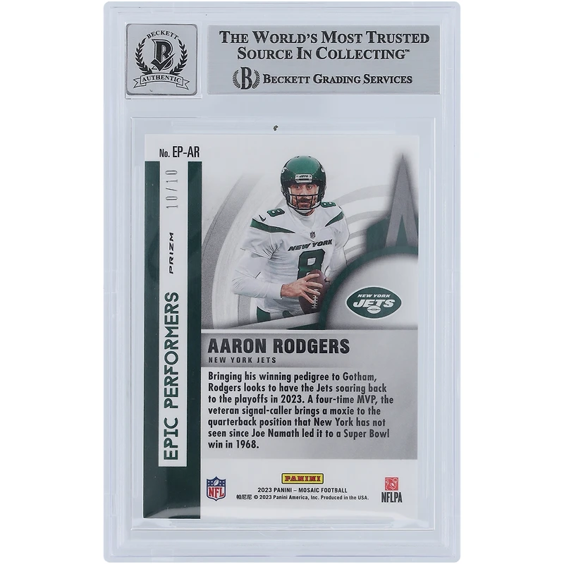 Aaron Rodgers New York Jets Autographed 2023 Panini Mosaic Green Fluorescent Epic Performers Mosaic #EP-AR #10/10 Beckett Fanatics Witnessed Authenticated 9/10 Card