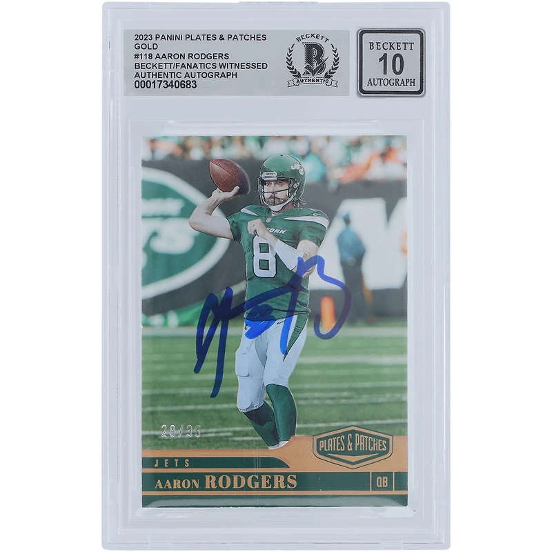 Aaron Rodgers New York Jets Autographed 2023 Panini Plates & Patches Gold #118 #/35 Beckett Fanatics Witnessed Authenticated 10 Card