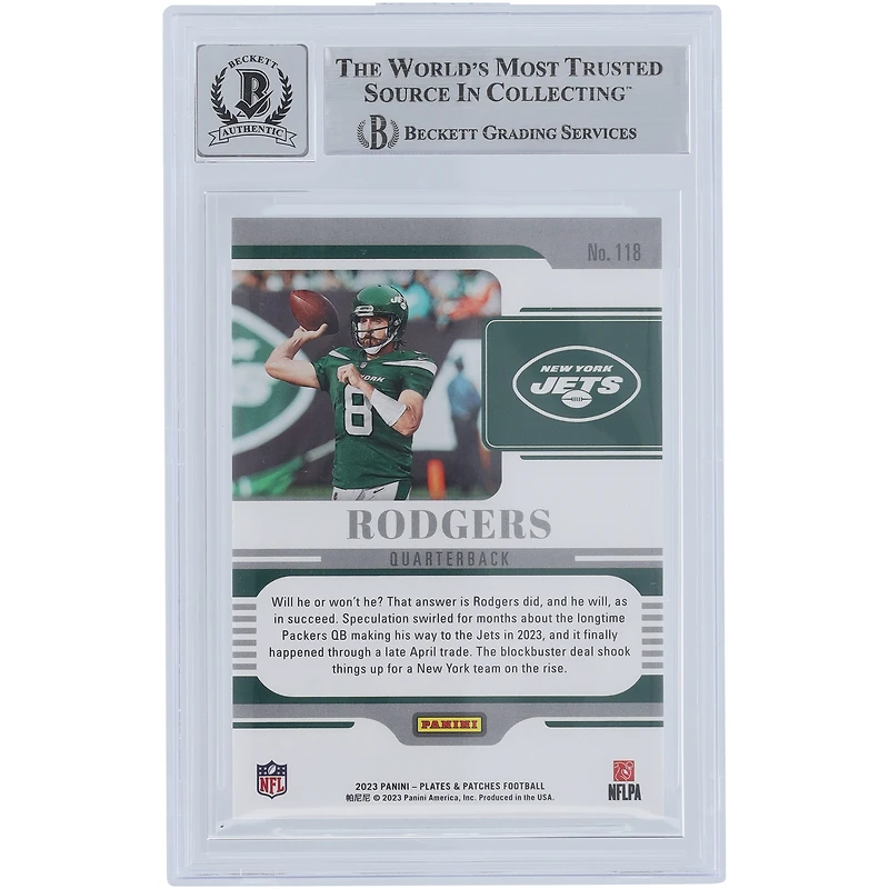Aaron Rodgers New York Jets Autographed 2023 Panini Plates & Patches Gold #118 #/35 Beckett Fanatics Witnessed Authenticated 10 Card