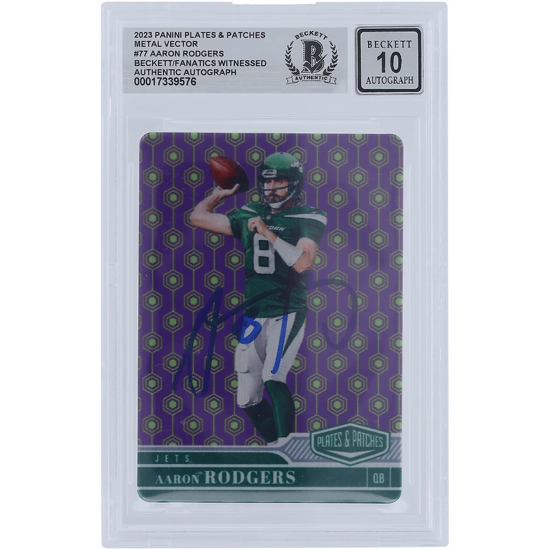 Aaron Rodgers New York Jets Autographed 2023 Panini Plates & Patches Metal Vector #77 #/35 Beckett Fanatics Witnessed Authenticated 10 Card