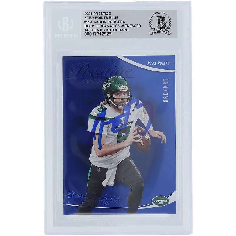 Aaron Rodgers New York Jets Autographed 2023 Panini Prestige Xtra Points Blue #224 #/399 Beckett Fanatics Witnessed Authenticated Card