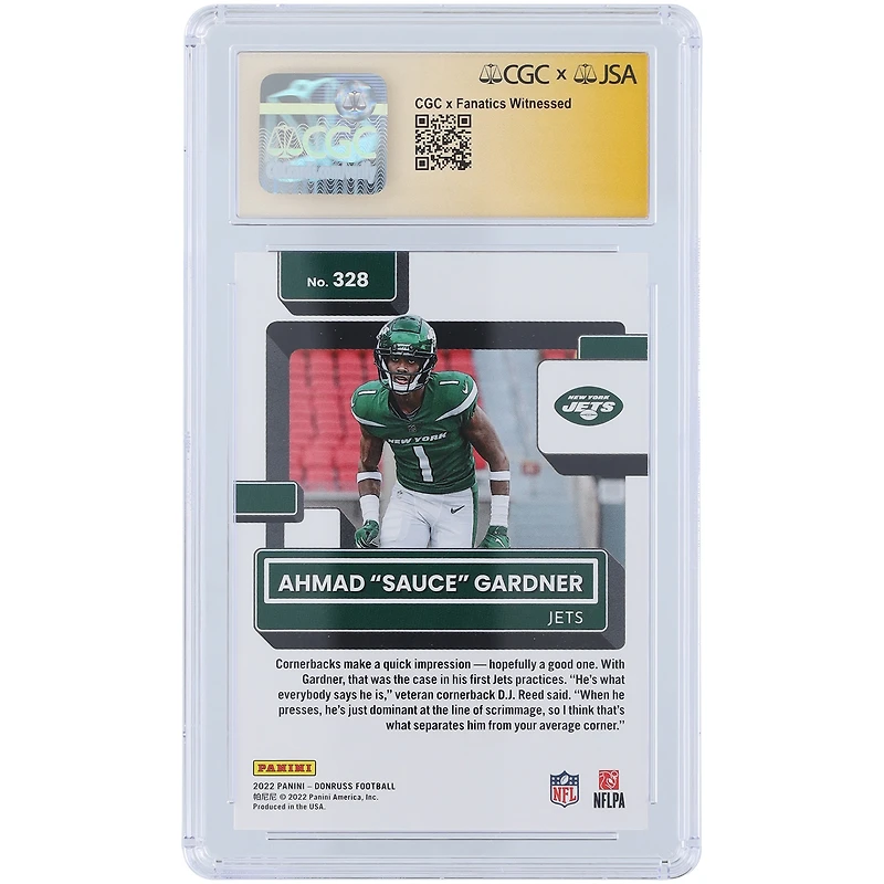 Ahmad Sauce Gardner New York Jets Autographed 2022 Panini Donruss #328 CGC Fanatics Witnessed Authenticated 10/10 Rookie Card