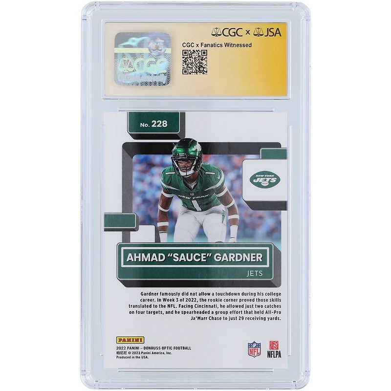 V106832 JET Ahmad Gardner New York Jets Carte autographiée Panini Donruss Optic #228 2022 CGC Fanatics Authentifiée 10/10 Rookie 1 Ahmad Sauce Gardner AUT PAA TRADING CARDS 45642 AUTTRC CA01F06834 #33