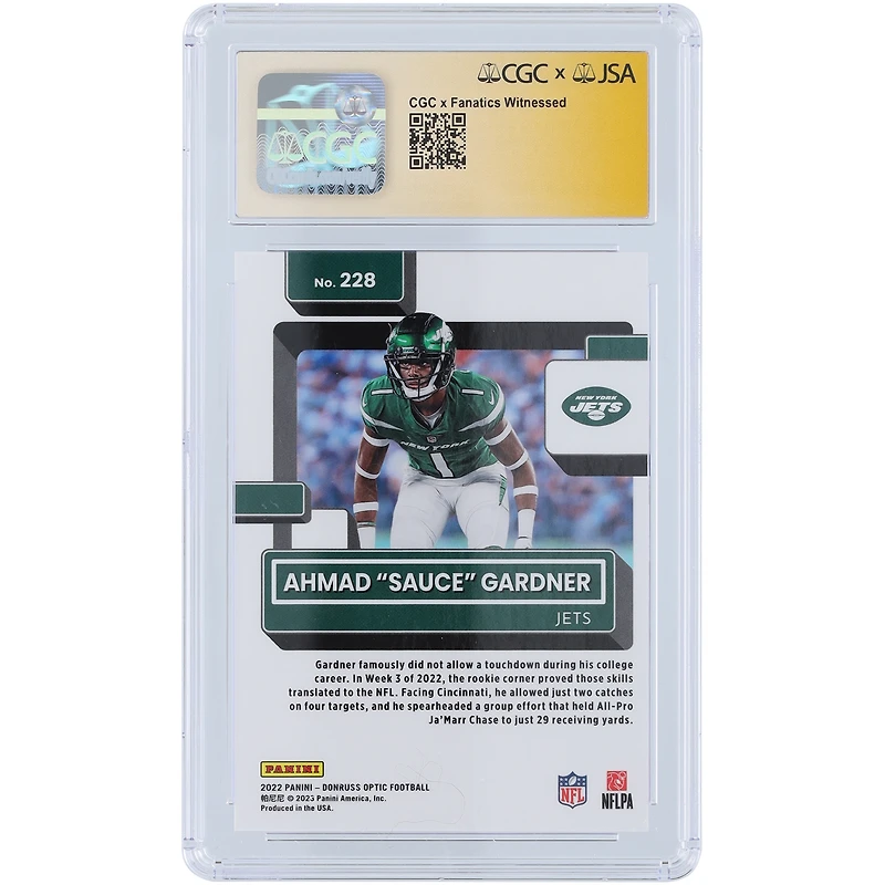 Ahmad Sauce Gardner New York Jets Autographed 2022 Panini Donruss Optic #228 CGC Fanatics Witnessed Authenticated /10 Rookie Card