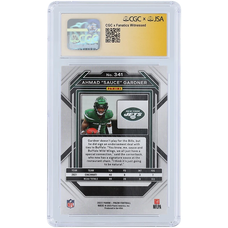 V106832 JET Ahmad Gardner New York Jets Carte Panini Prizm 2022 autographiée n° 341 CGC Fanatics Authentifiée 9/10 Rookie 1 Ahmad Sauce Gardner AUT PAA TRADING CARDS 45642 AUTTRC CA01F06844 n° 43