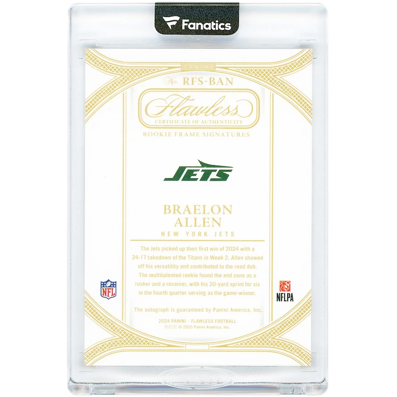 Braelon Allen New York Jets Autographed 2024 Panini Flawless Ruby Rookie Frame #RFS-BAN #4/15 Rookie Card