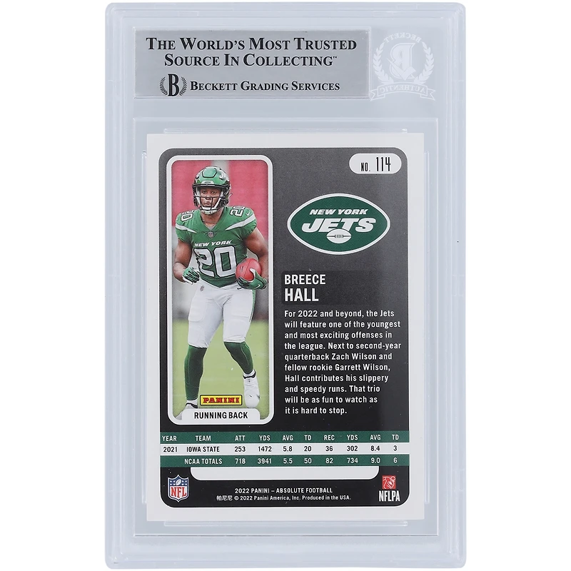 Breece Hall New York Jets 2022 Panini Absolute #114 Beckett Fanatics Witnessed Authenticated Rookie Card