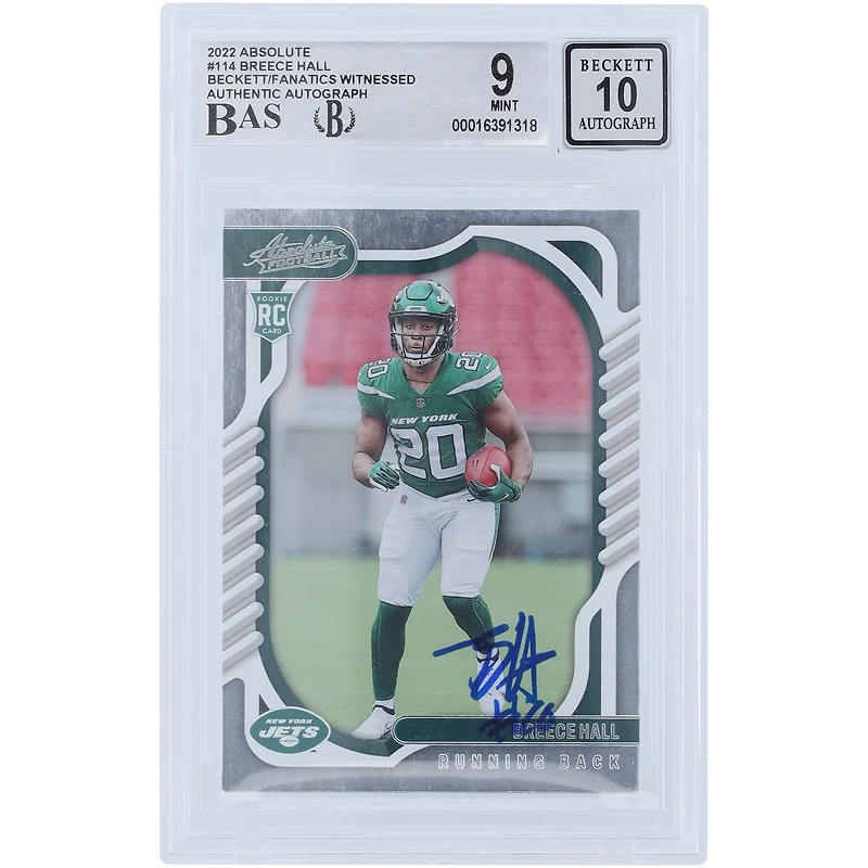 Carte de recrue 9/10 authentifiée 2022 Panini Absolute #114 signée Breece Hall New York Jets par les fanatiques de Beckett