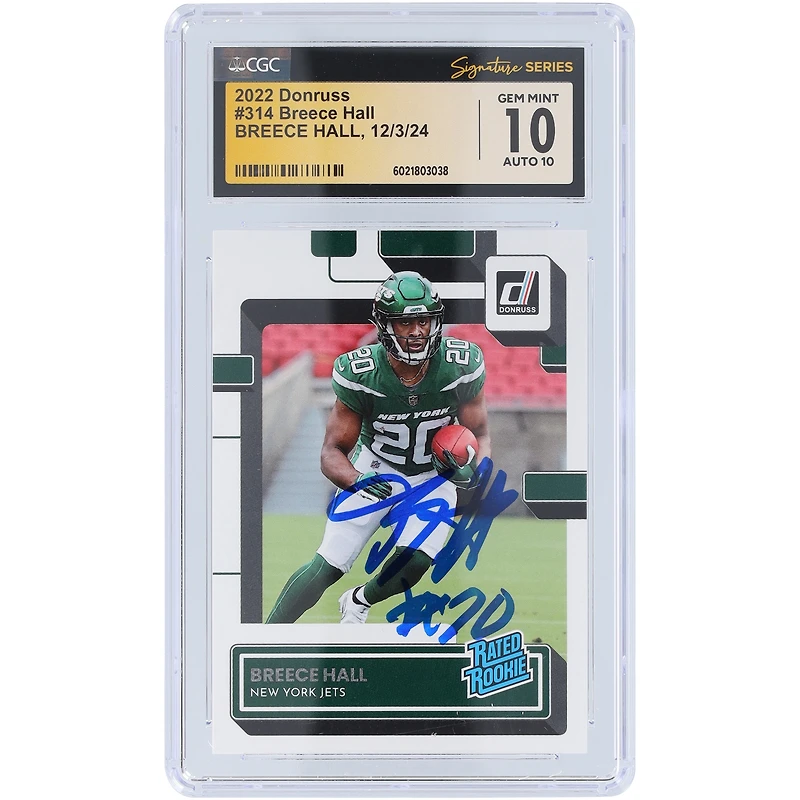 Carte de recrue Panini Donruss #314 autographiée 2022 par Breece Hall New York Jets, CGC Fanatics Witnessed Authenticated 10/10