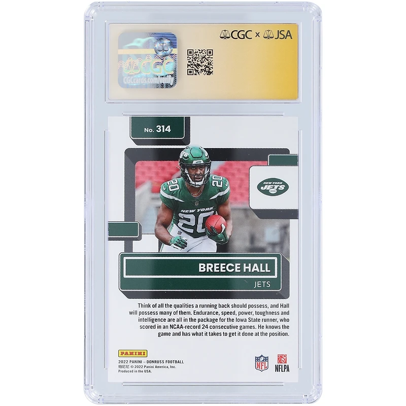 Carte de recrue Panini Donruss #314 autographiée 2022 par Breece Hall New York Jets, CGC Fanatics Witnessed Authenticated 10/10