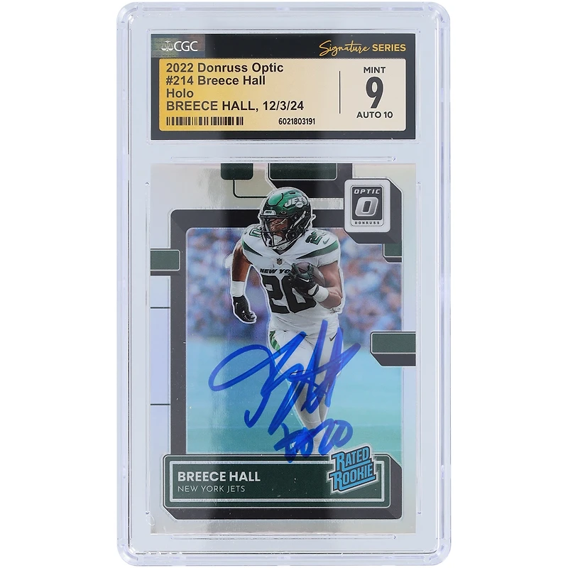 Carte de recrue 9/10 authentifiée Panini Donruss Optic Holo #214 de Breece Hall New York Jets 2022 CGC Fanatics