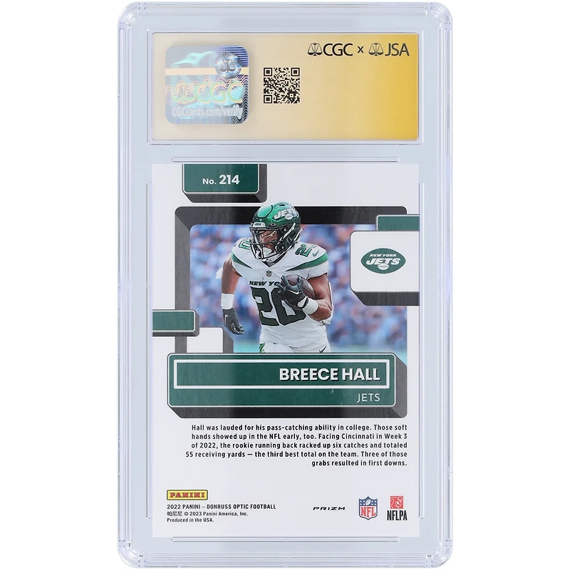 Carte de recrue 9/10 authentifiée Panini Donruss Optic Holo #214 de Breece Hall New York Jets 2022 CGC Fanatics