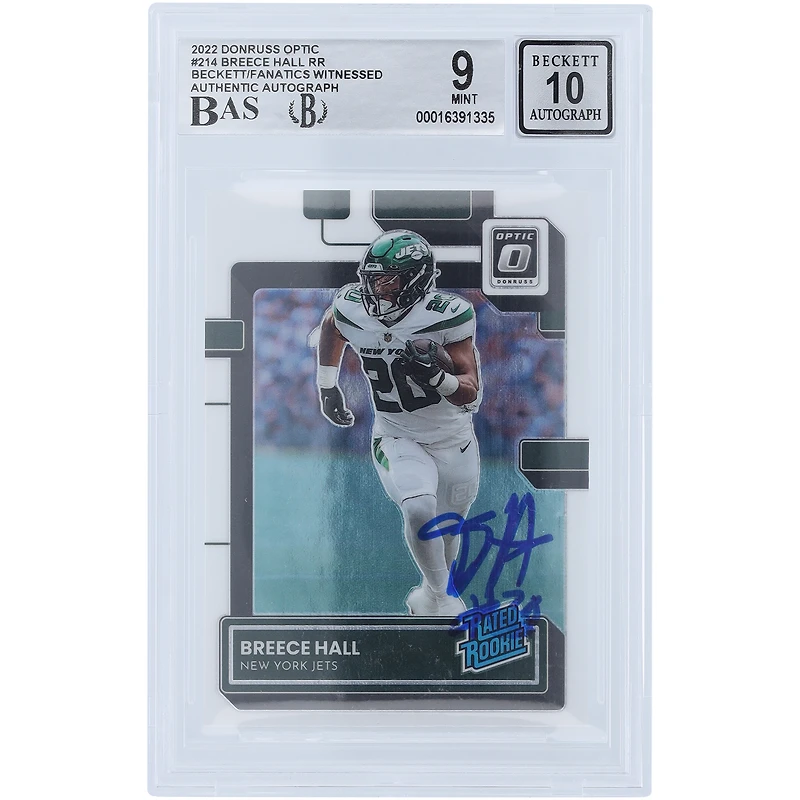 Carte de recrue authentifiée 9/10 de Beckett Fanatics 2022 autographiée par Breece Hall des New York Jets, classée Rookie #214 par Panini Donruss