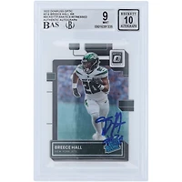 Carte de recrue authentifiée 9/10 de Beckett Fanatics 2022 autographiée par Breece Hall des New York Jets, classée Rookie #214 par Panini Donruss
