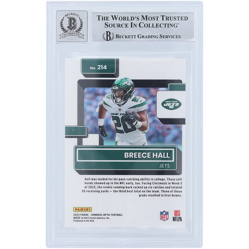 Breece Hall New York Jets Autographed 2022 Panini Donruss Rated Rookie #214 Beckett Fanatics Witnessed Authenticated 9/10 Rookie Card 