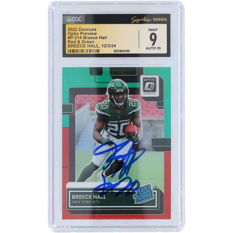 Breece Hall New York Jets Autographié 2022 Panini Donruss Rouge & Vert Optic Preview #P-314 CGC Fanatics Witnessed Authenticated 9/10 Rookie Card
