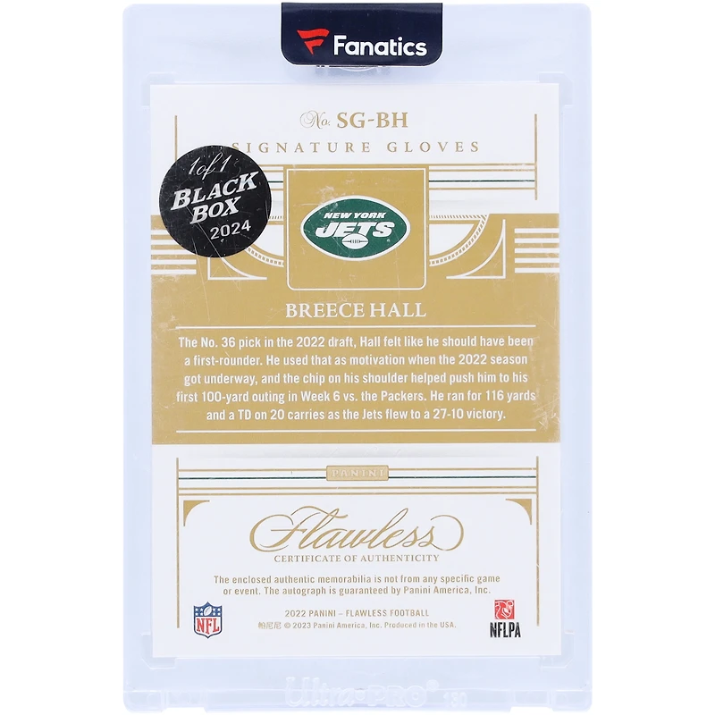 Gants Signature Panini Flawless Black Box autographiés par Breece Hall New York Jets 2022, 2 couleurs, relique #SG-BH #1/1, carte recrue