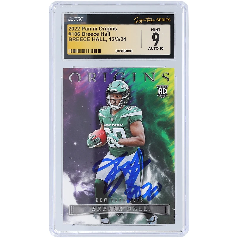 Carte de recrue 9/10 authentifiée 2022 Panini Origins #106 signée Breece Hall New York Jets par les fanatiques de CGC