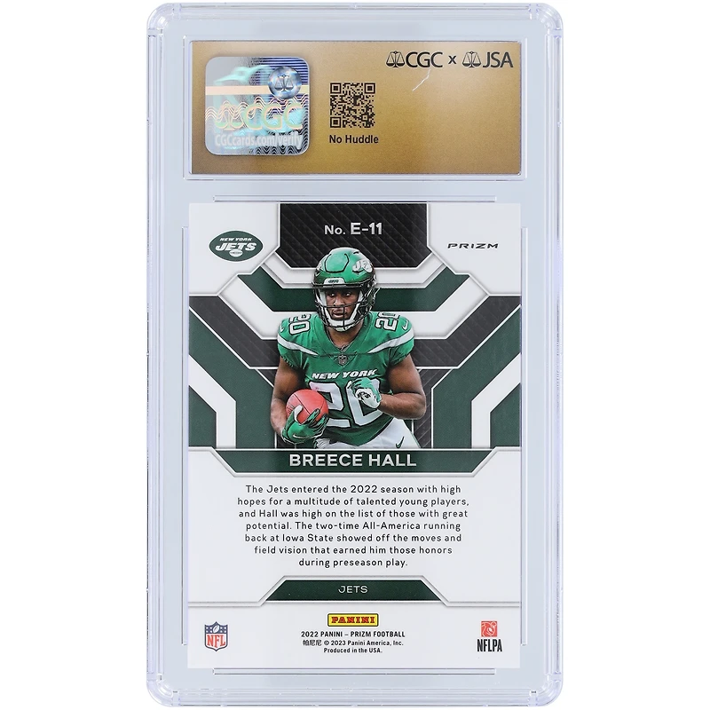 Breece Hall New York Jets Autographed 2022 Panini Prizm No Huddle Prizm Emergent #E-11 CGC Fanatics Witnessed Authenticated Pristine 10/10 Rookie Card