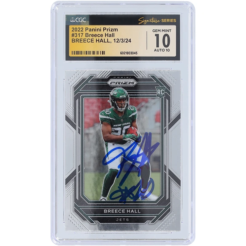 Carte de recrue 10/10 authentifiée 2022 Panini Prizm #317 signée Breece Hall New York Jets par les fanatiques de CGC