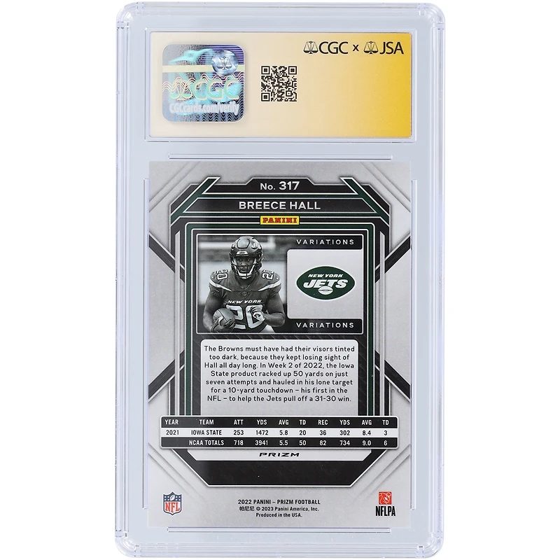 Breece Hall New York Jets Autographed 2022 Panini Prizm Silver Prizm Photo Variation #317 CGC Fanatics Witnessed Authenticated 9/10 Rookie Card