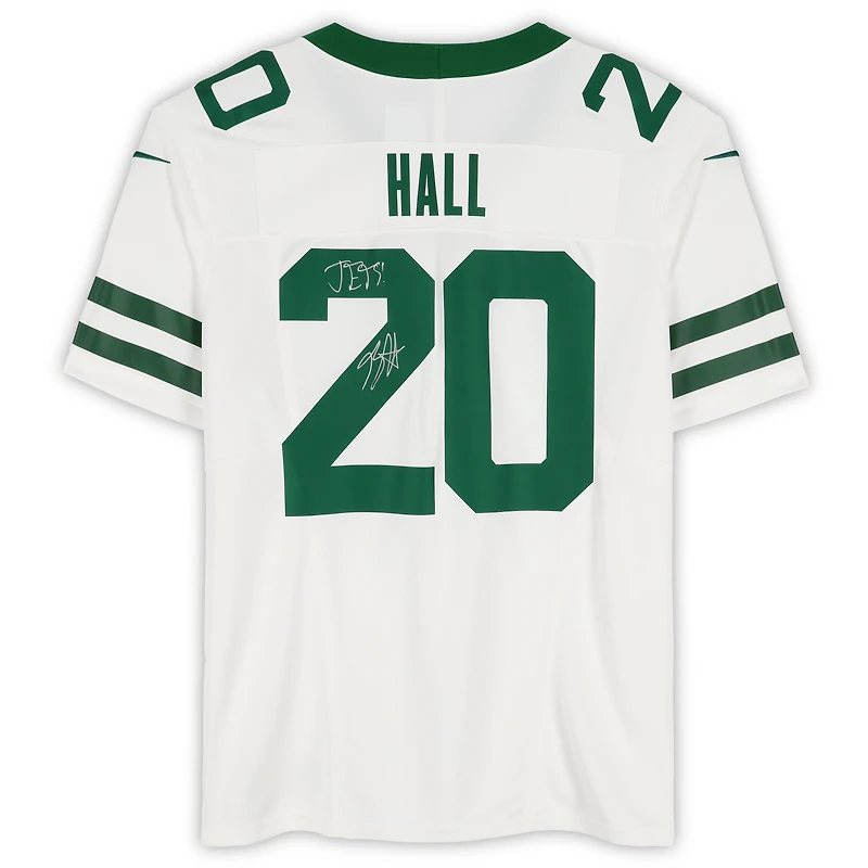 Maillot Nike Vapor F.U.S.E. blanc dédicacé par Breece Hall des New York Jets, édition limitée, avec inscription « JETS ! »