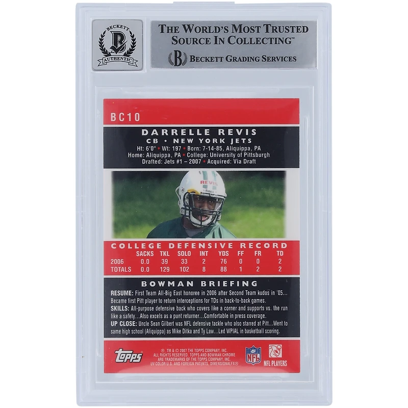 Darrelle Revis New York Jets Autographié 2007 Bowman Chrome #BC10 Beckett Fanatics Witnessed Authenticated 10 Rookie Card avec l'inscription "HOF 23"