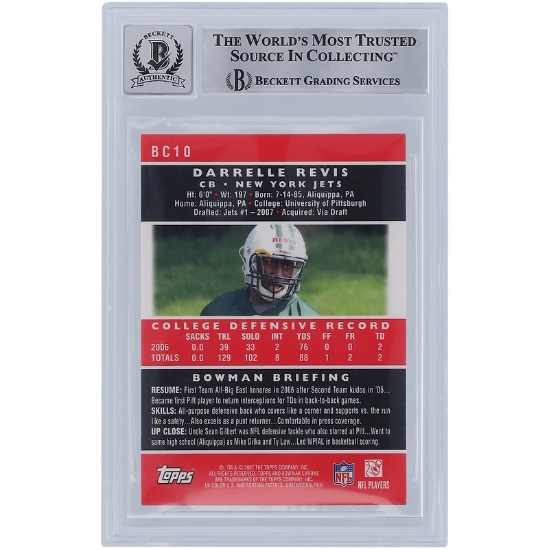 Darrelle Revis New York Jets Autographié 2007 Bowman Chrome #BC10 Beckett Fanatics Witnessed Authentifié 9/10 Rookie Card avec l'inscription "HOF '23"