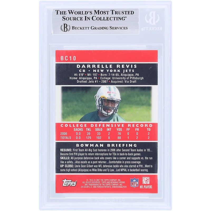 Darrelle Revis New York Jets Autographed 2007 Topps Chrome #BC10 Beckett Fanatics Witnessed Authenticated Rookie Card