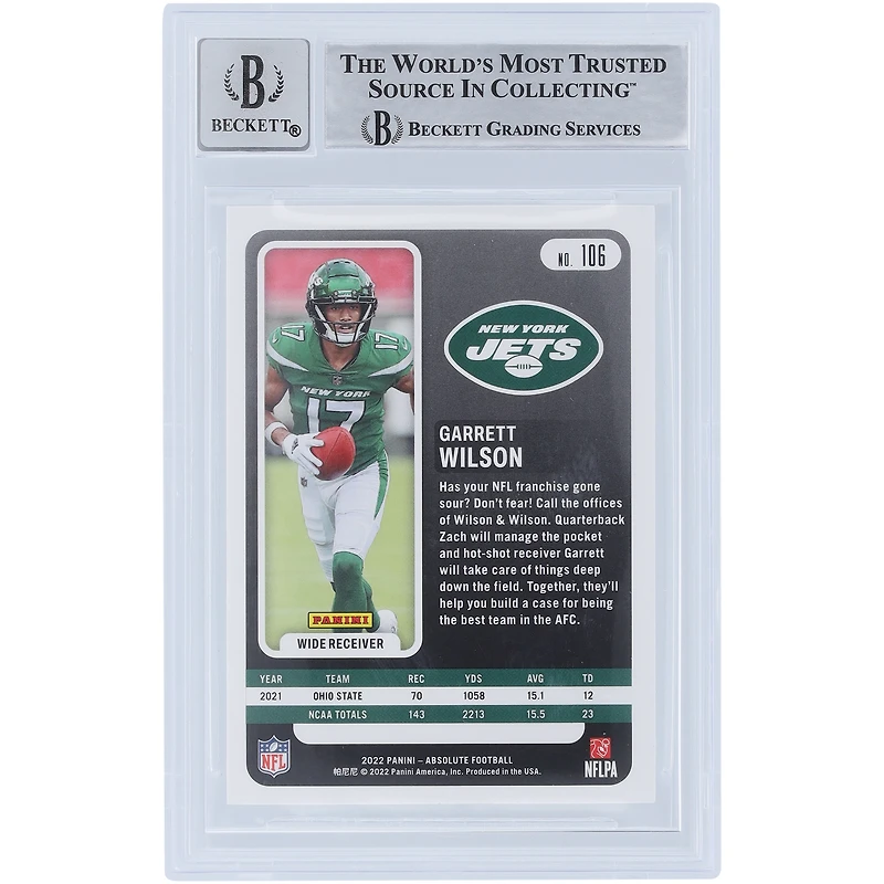 Carte de recrue 9/10 authentifiée 2022 Panini Absolute #106 signée Garrett Wilson New York Jets par les fanatiques de Beckett