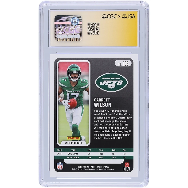 Carte de recrue 9/10 authentifiée 2022 Panini Absolute #106 de Garrett Wilson New York Jets, CGC Fanatics Witnessed