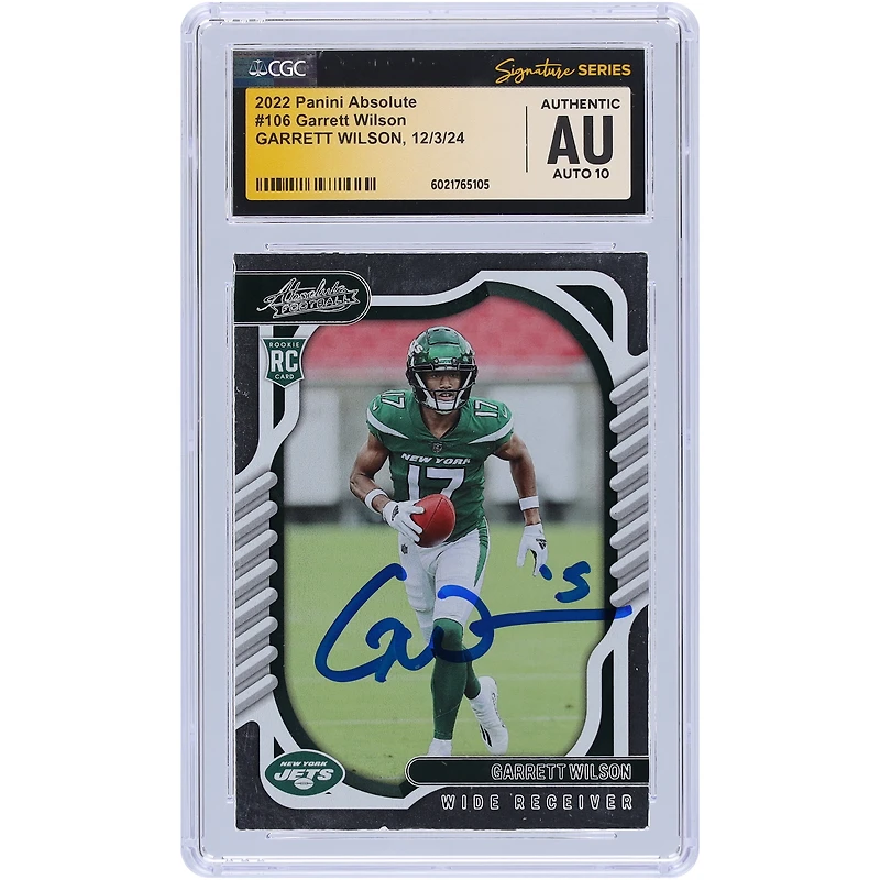 Carte de recrue Auto 10 autographiée Panini Absolute #106 2022 de Garrett Wilson par les New York Jets, CGC Fanatics Witnessed Authenticated