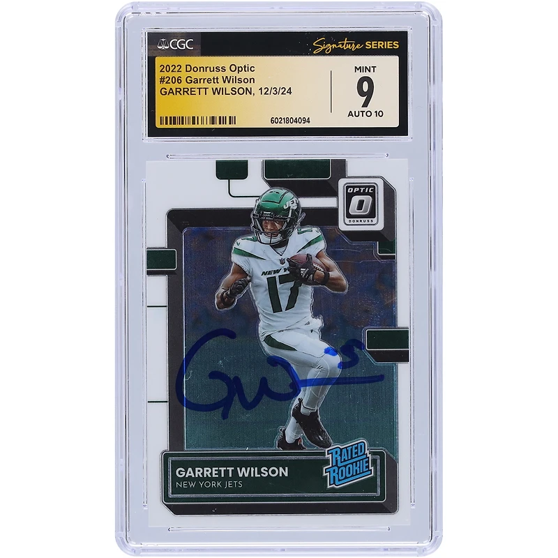 Carte de recrue Panini Donruss Optic #206 autographiée 2022 par Garrett Wilson des New York Jets, carte de recrue 9/10 authentifiée par les fanatiques de CGC