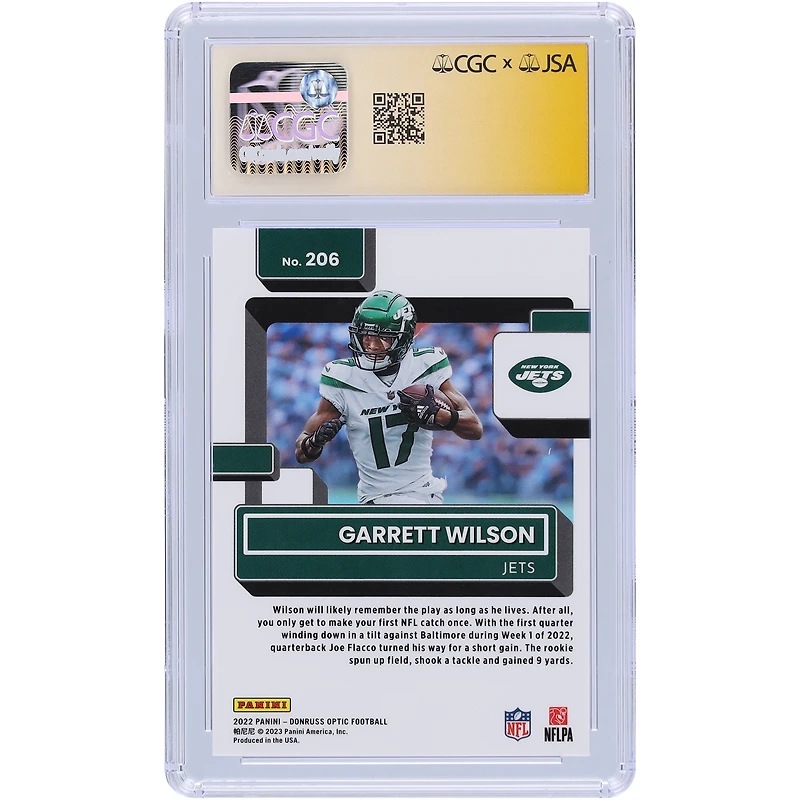 Carte de recrue Panini Donruss Optic #206 autographiée 2022 par Garrett Wilson des New York Jets, carte de recrue 9/10 authentifiée par les fanatiques de CGC