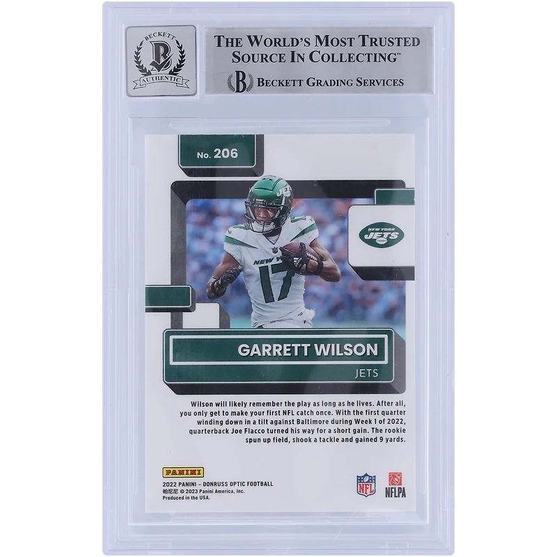 Carte Rookie 2022 Panini Donruss Optic autographiée par Garrett Wilson des New York Jets classée Rookie #206 Beckett Fanatics a été témoin d'une carte Rookie 10 authentifiée avec l'inscription "2022 OROY"