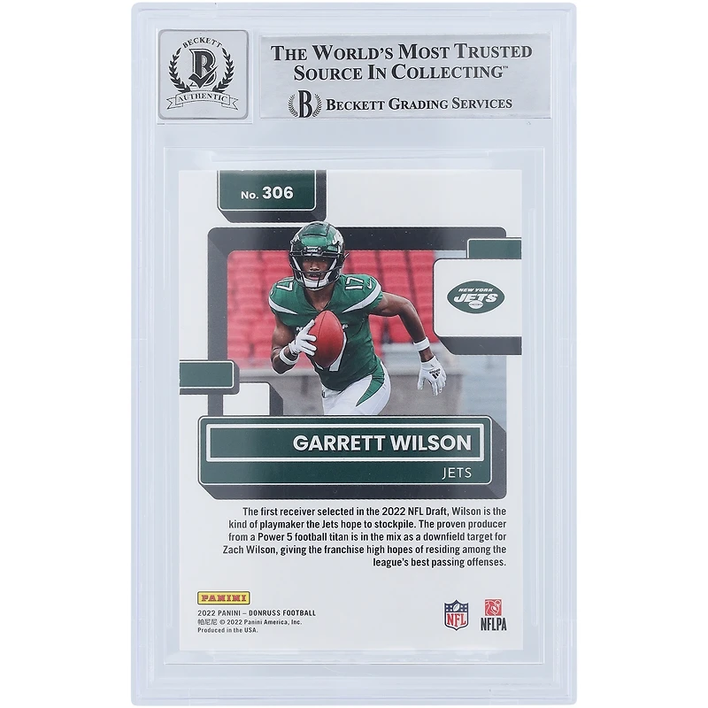 Carte de recrue authentifiée 9/10 de Beckett Fanatics 2022 autographiée par Garrett Wilson des New York Jets, classée Panini Donruss, numéro 306