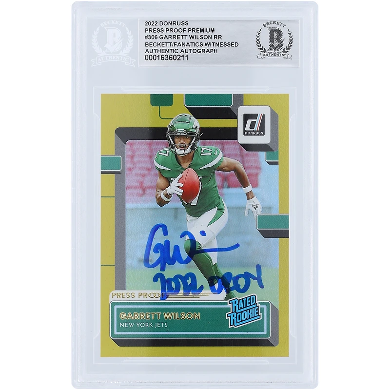 Carte de recrue authentifiée 2022 Panini Donruss Rated Rookie Press Proof Premium #306 Beckett Fanatics Witnessed avec inscription "2022 OROY" de Garrett Wilson New York Jets