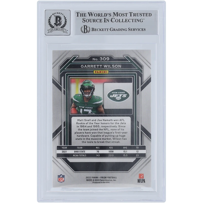 Garrett Wilson New York Jets Autographed 2022 Panini Prizm Green Ink #309 Beckett Fanatics Witnessed Authenticated 10 Rookie Card