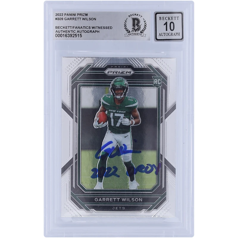 Carte de recrue Panini Prizm #309 2022 autographiée par Garrett Wilson des New York Jets, Beckett Fanatics a été témoin d'une carte authentifiée 10 Rookie avec l'inscription « 2022 OROY »