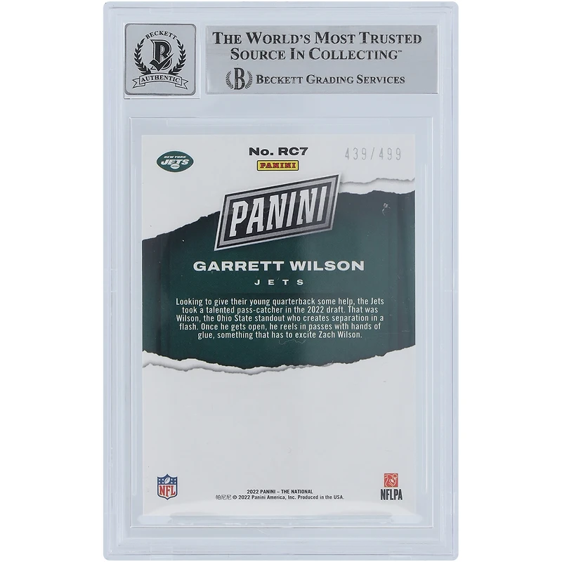 Garrett Wilson New York Jets Autographed 2022 Panini The National #RC7 #/499 Beckett Fanatics Witnessed Authenticated 10 Rookie Card 