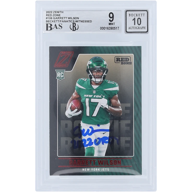 Carte de recrue 9/10 authentifiée 2022 Panini Zenith Red Zone #106 de Beckett dédicacée par Garrett Wilson des New York Jets avec l'inscription « 2022 OROY »