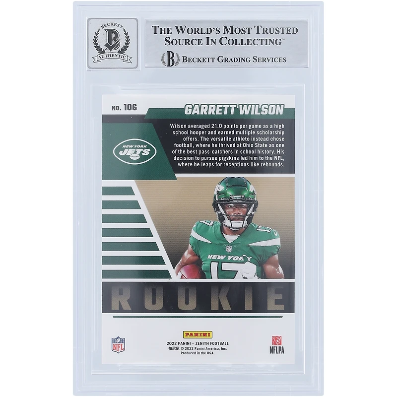 Carte de recrue 9/10 authentifiée 2022 Panini Zenith Red Zone #106 de Beckett dédicacée par Garrett Wilson des New York Jets avec l'inscription « 2022 OROY »