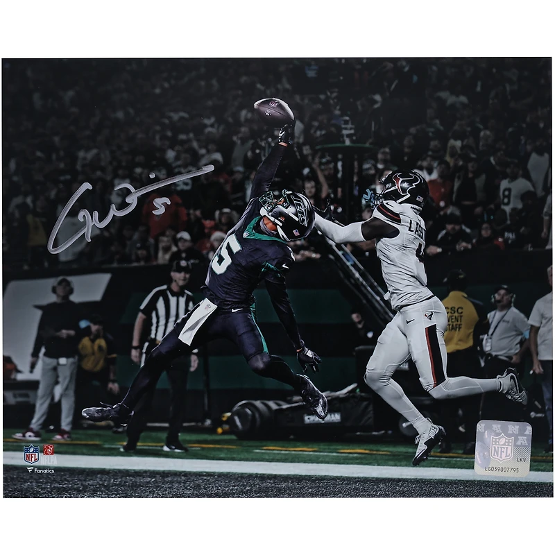 Garrett Wilson New York Jets Autographed 8" x 10" Leaping Touchdown Catch Photograph
