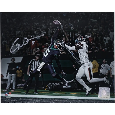 Garrett Wilson New York Jets Autographed 8" x 10" Leaping Touchdown Catch Photograph