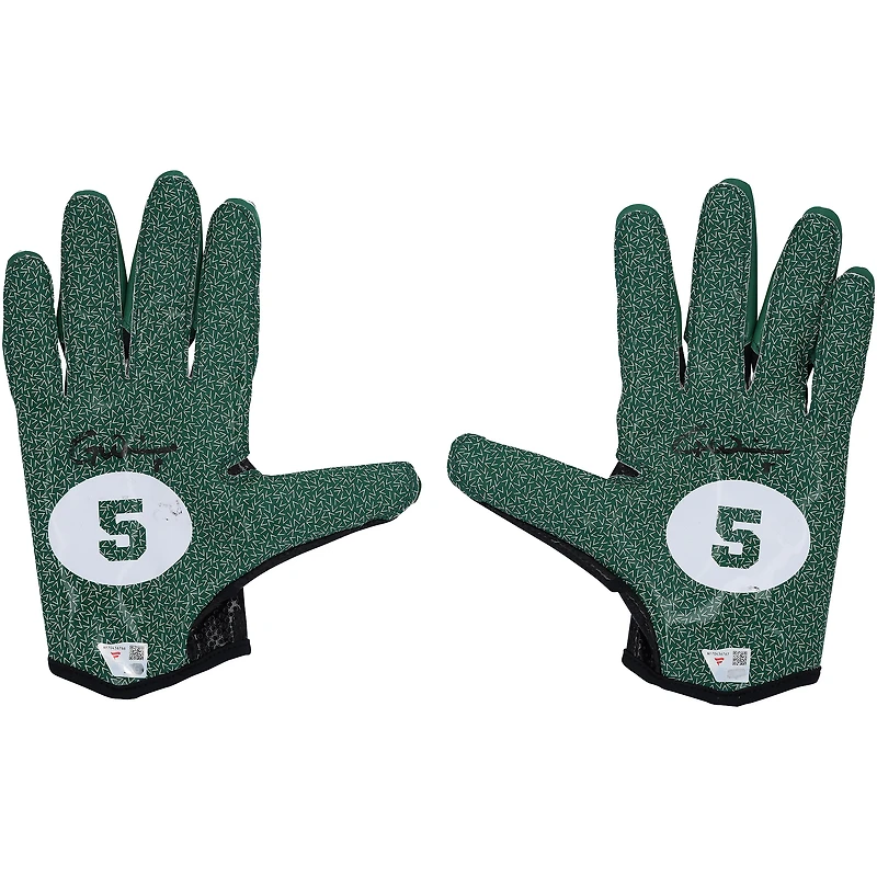 Gants adidas noirs et verts autographiés par Garrett Wilson, portés lors d'un match des Jets de New York (saison 2025-2026 de la NFL).