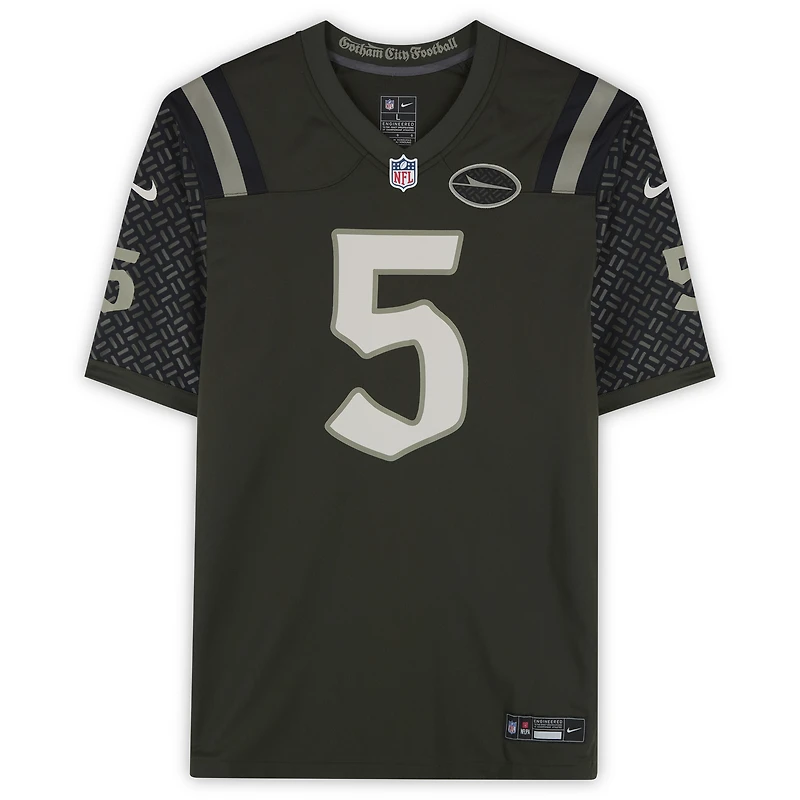 Maillot Nike vert Gotham, autographié par Garrett Wilson des Jets de New York, porté lors du match de rivalité.