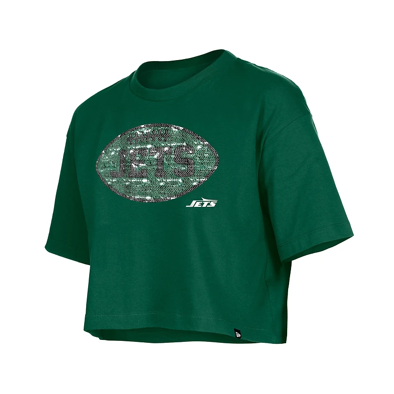Girl's New Era Green York Jets Flip Sequin Boxy T-Shirt