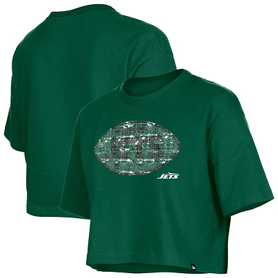 Girl's New Era Green York Jets Flip Sequin Boxy T-Shirt