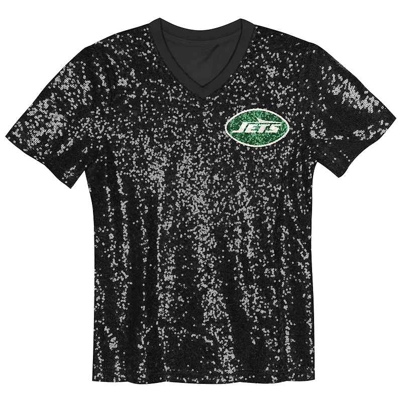 Girls Youth Black New York Jets Wordmark Sequin V-Neck Top