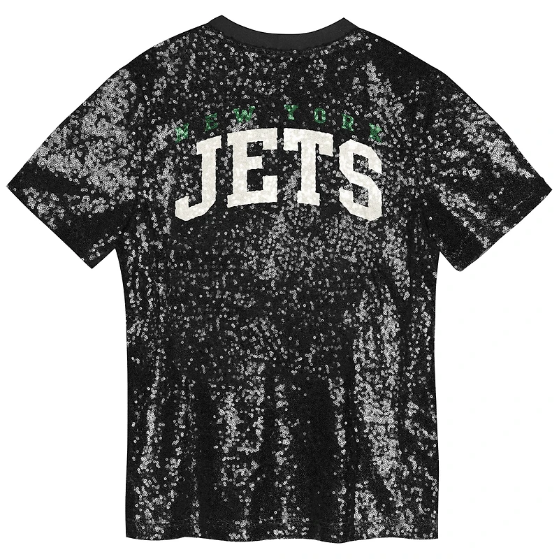 Girls Youth Black New York Jets Wordmark Sequin V-Neck Top